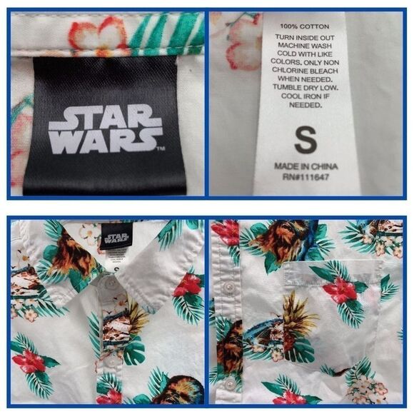 Star Wars Chewbacca Hawaiian Collared Button Up Short Sleeve Mens Sz SM Shirt - Picture 7 of 7